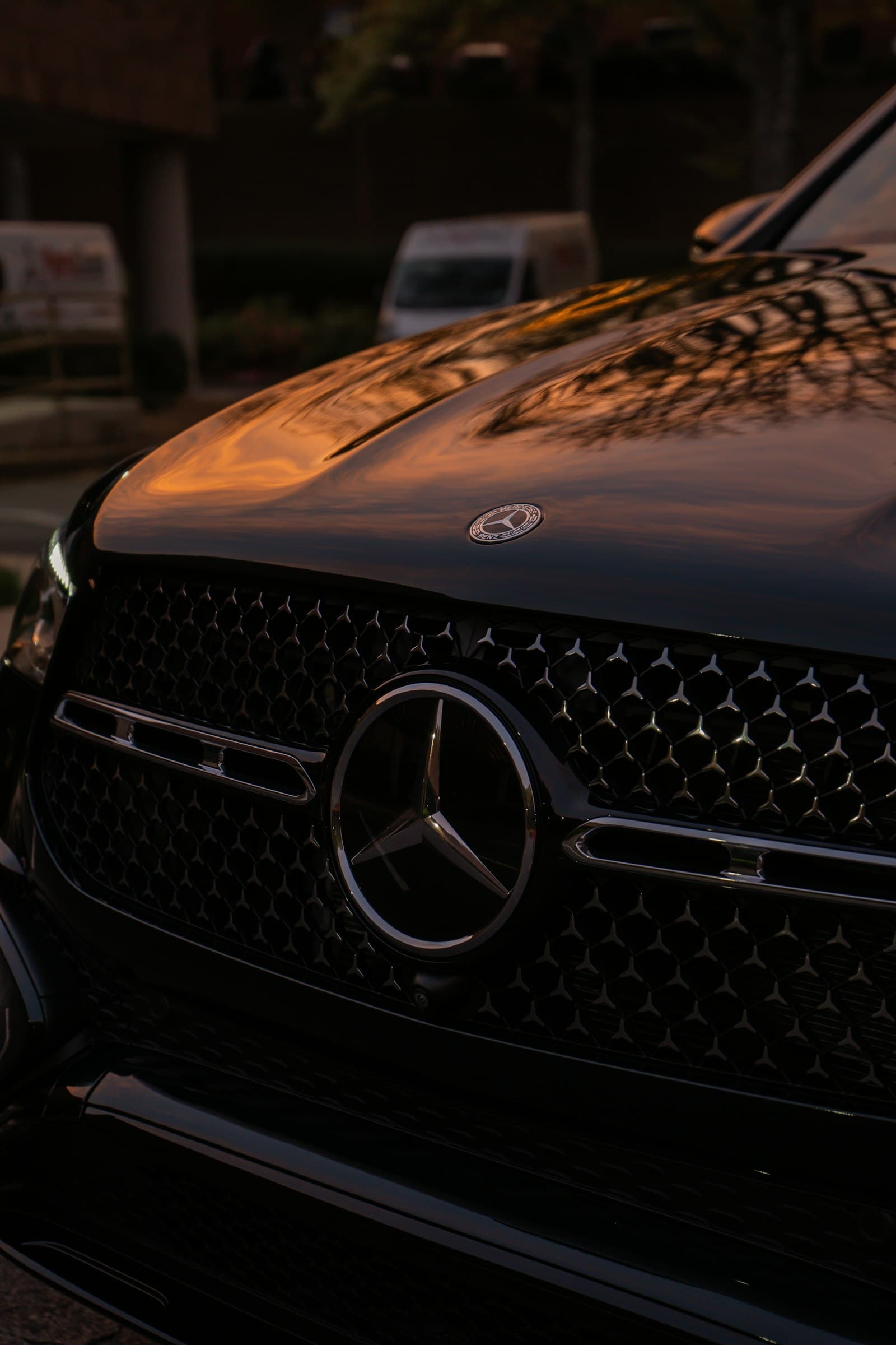 Gros plan de la calandre Mercedes au coucher du soleil